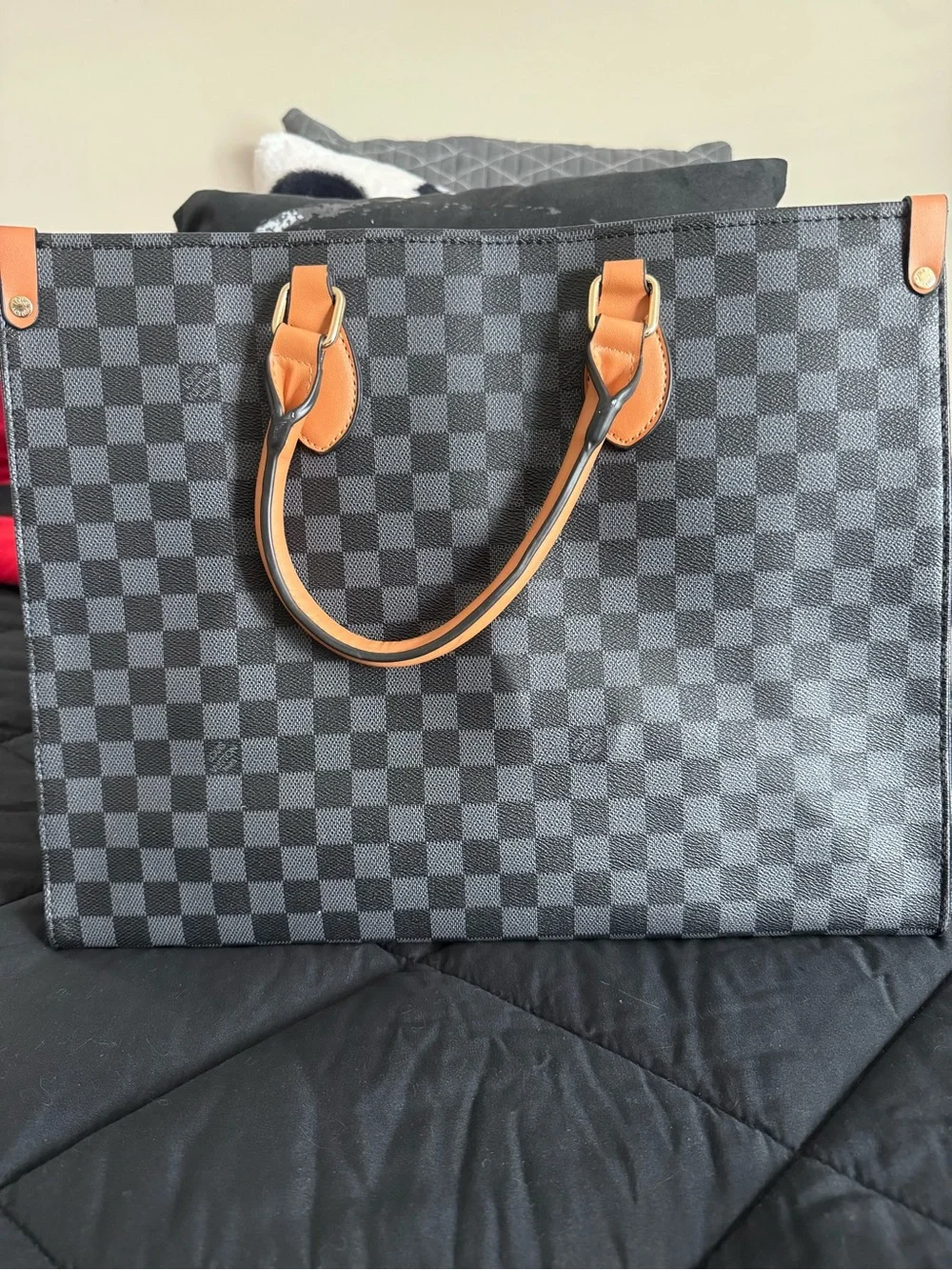 Inspired Black Checker Tote Bag with Tan Handles.